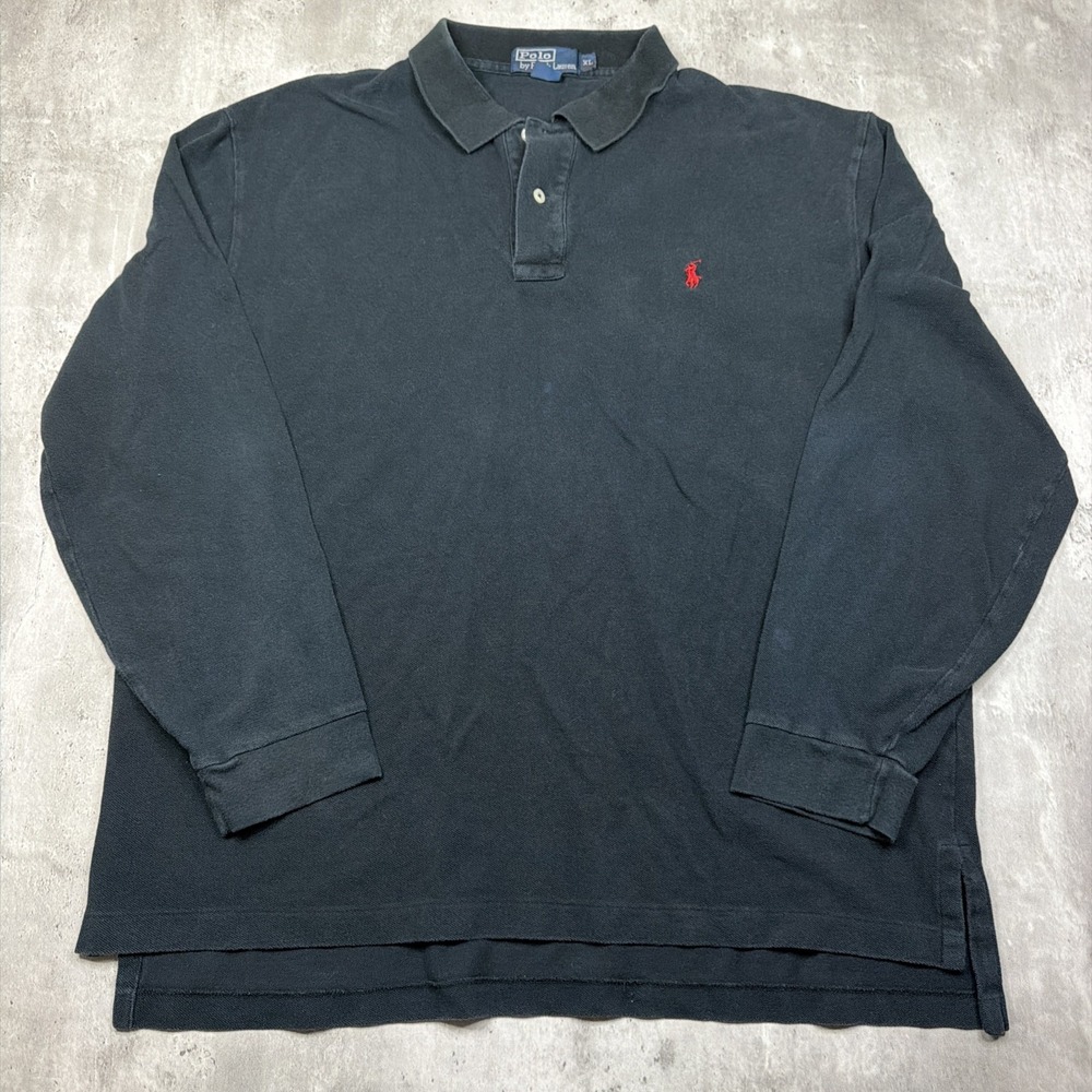 Vintage 90s Polo Ralph Lauren Mens Faded Black Long Sleeve Polo Shirt XL Classic